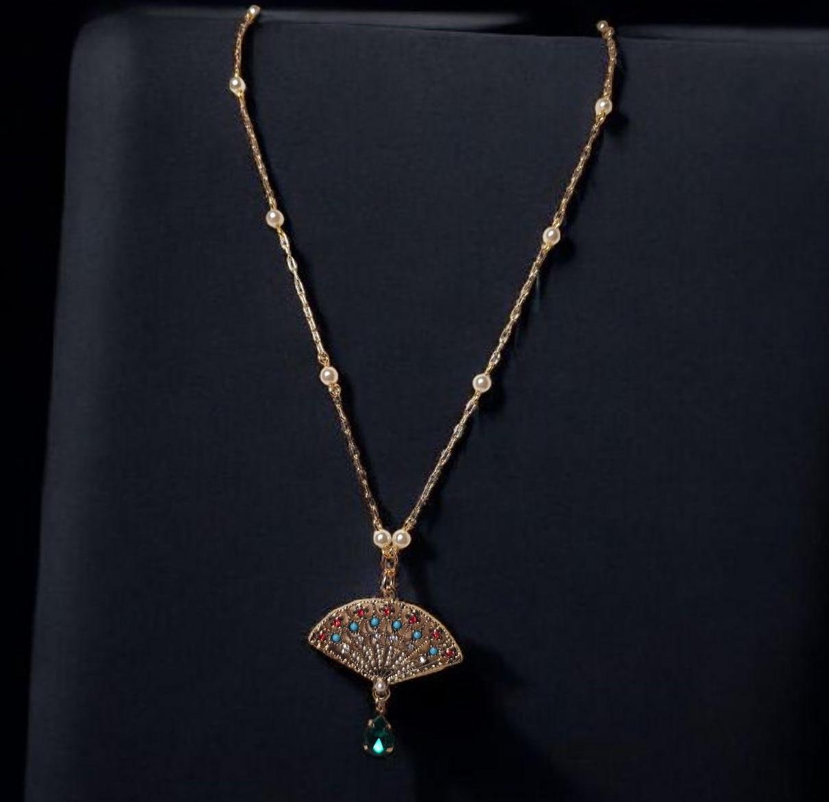 Art Deco Fan Pendant, with Emerald Crystal Drop and Pearl PaperClip Chain