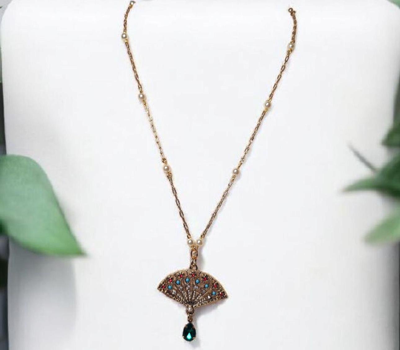 Art Deco Fan Pendant, with Emerald Crystal Drop and Pearl PaperClip Chain