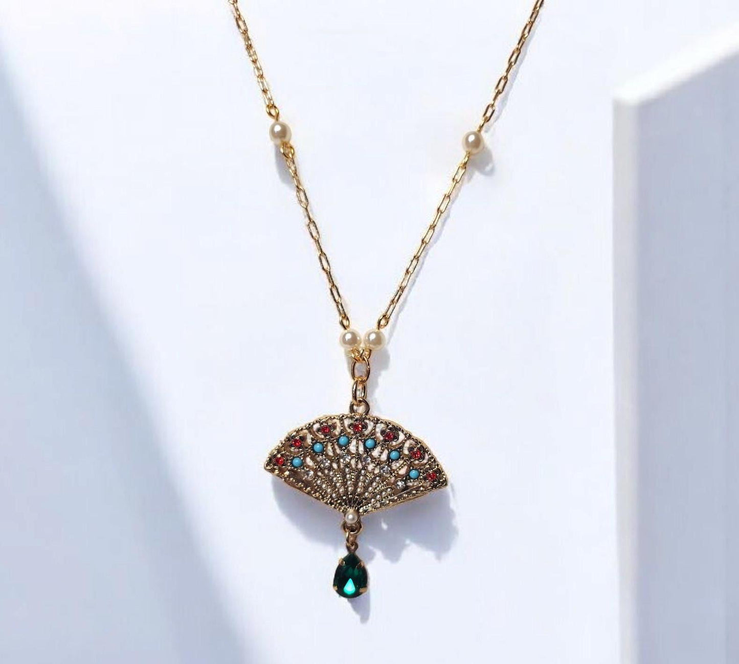 Art Deco Fan Pendant, with Emerald Crystal Drop and Pearl PaperClip Chain