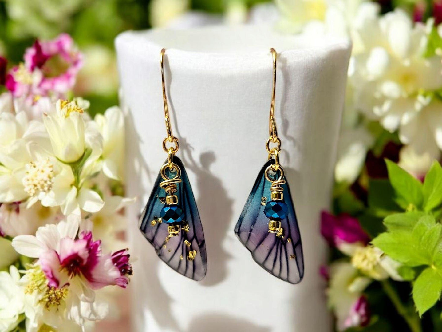 Fairy Wing Earrings Blue and Purple with Gold Plated Ear Wires