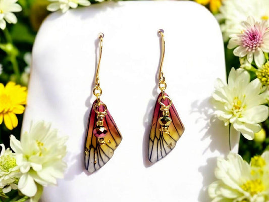 Fairy Wing Earrings Magenta,Orange and Golden Yellow on gold plated Ear Wires