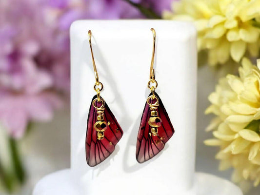 Fairy Wing Earrings in Magenta with gold specks on gold plated Ear Wires