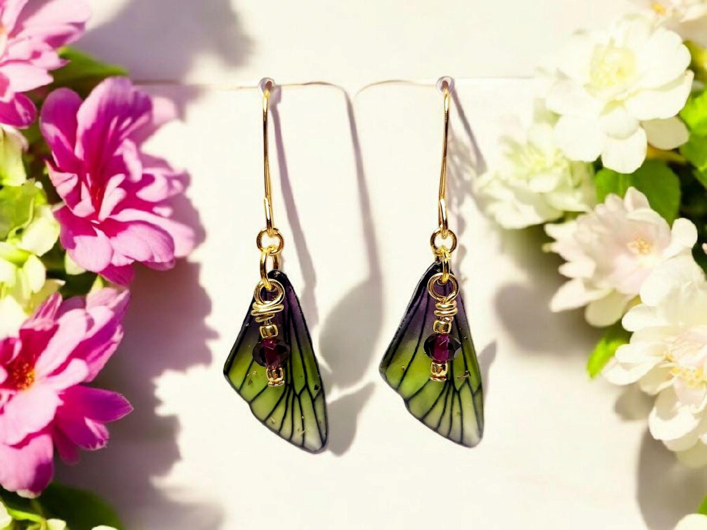 Fairy Wing Earrings in Purple and Green set on Gold plated ear wires