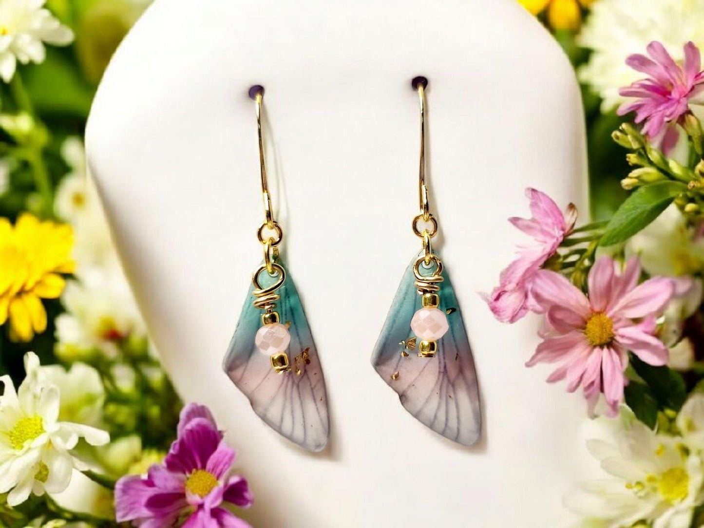 Fairy Wing Earrings in Turquise and Pink set on Gold plated ear wires