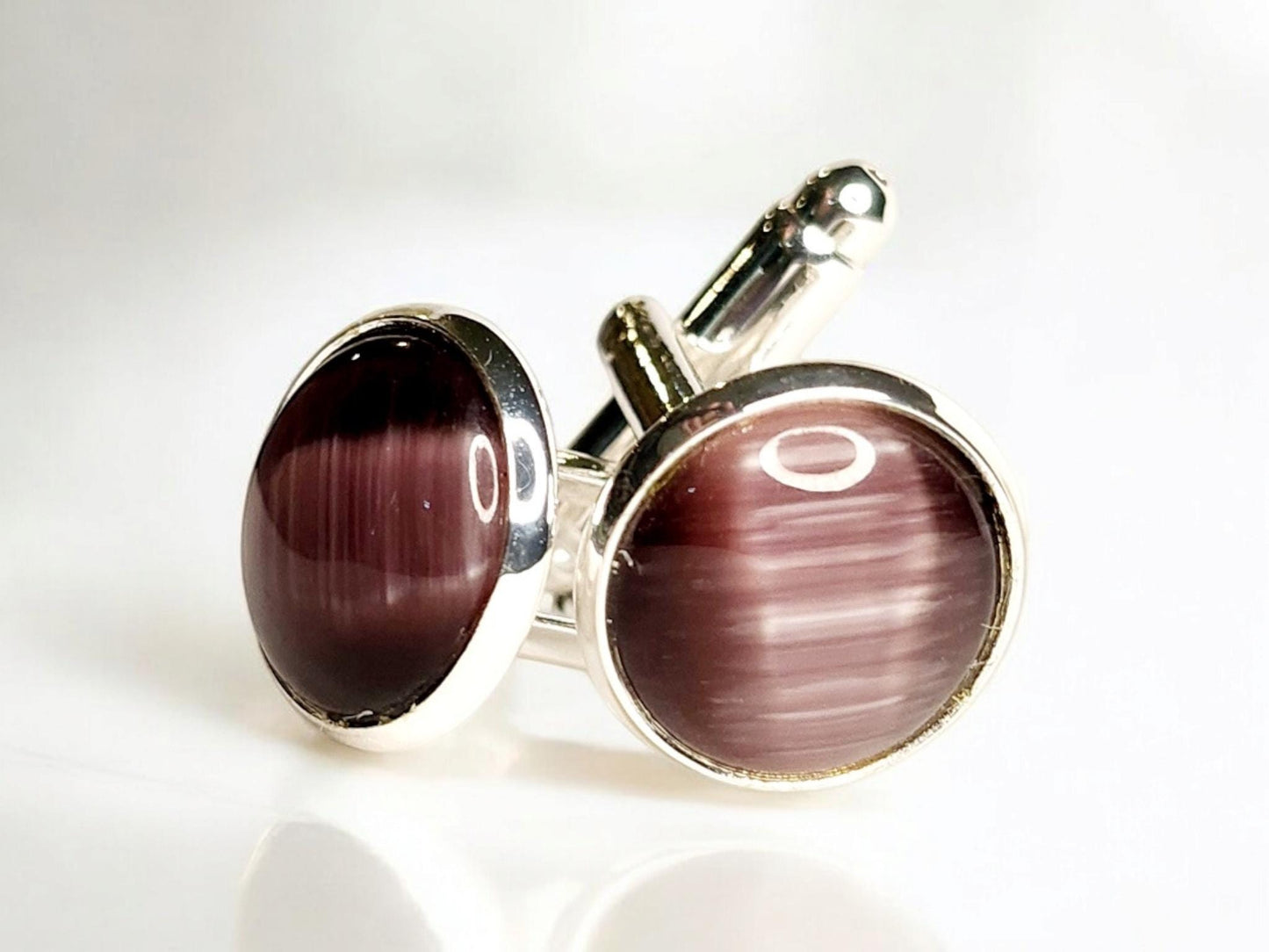 Silver Cuff Links, Purple Cat's Eye 12mm cabochon