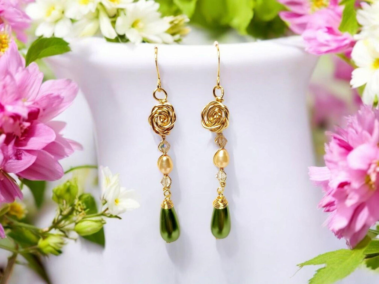 Golden Rose, with peach pearl (natural) and green pearl tear drop
