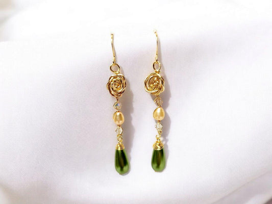 Golden Rose, with peach pearl (natural) and green pearl tear drop
