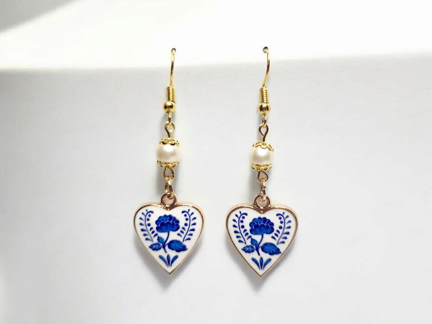 Old World style white and blue heart with white crystal pearl beading