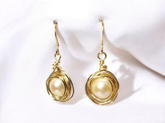 Large Freshwater Pearl Gold Wrapped Drop Earrings
