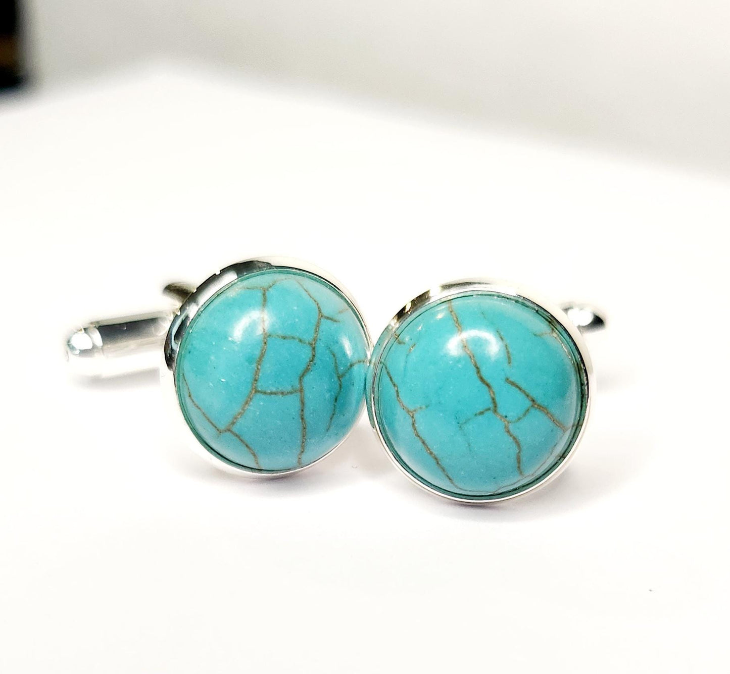 Cuff Links, Magnesite Gemstone 12mm cab round, set in silver