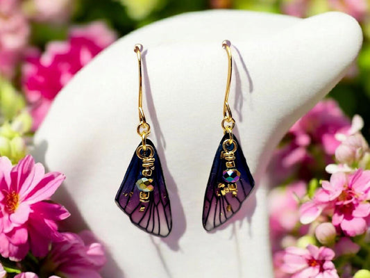 Fairy Wing Earrings Dark Blue and Purple with Gold Plated Ear Wires