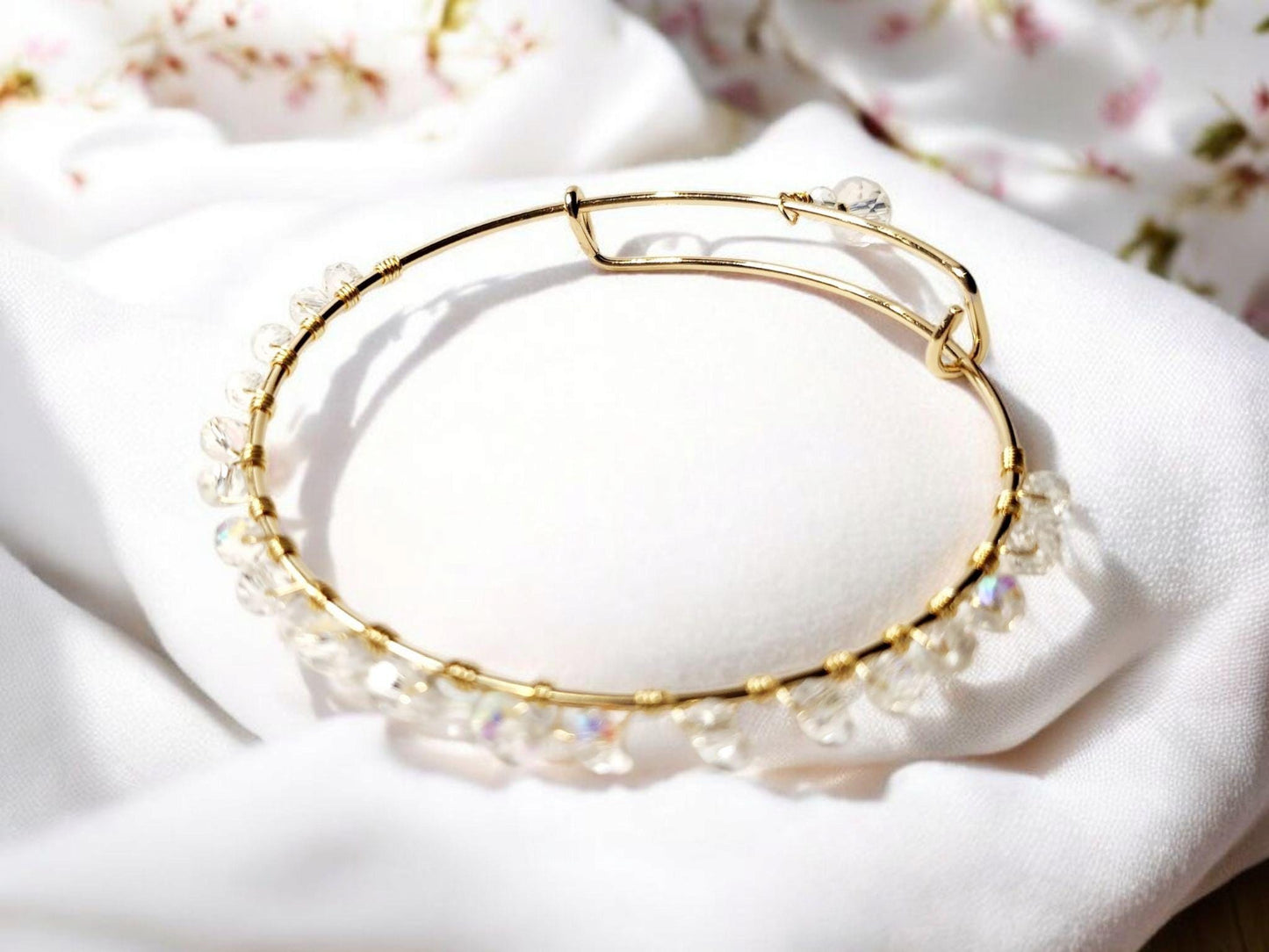 Crystal Beaded Bangle, adjustable gold tone bangle, 2.6inches in width, handcrafted
