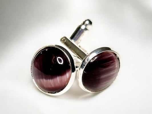 Silver Cuff Links, Purple Cat's Eye 12mm cabochon