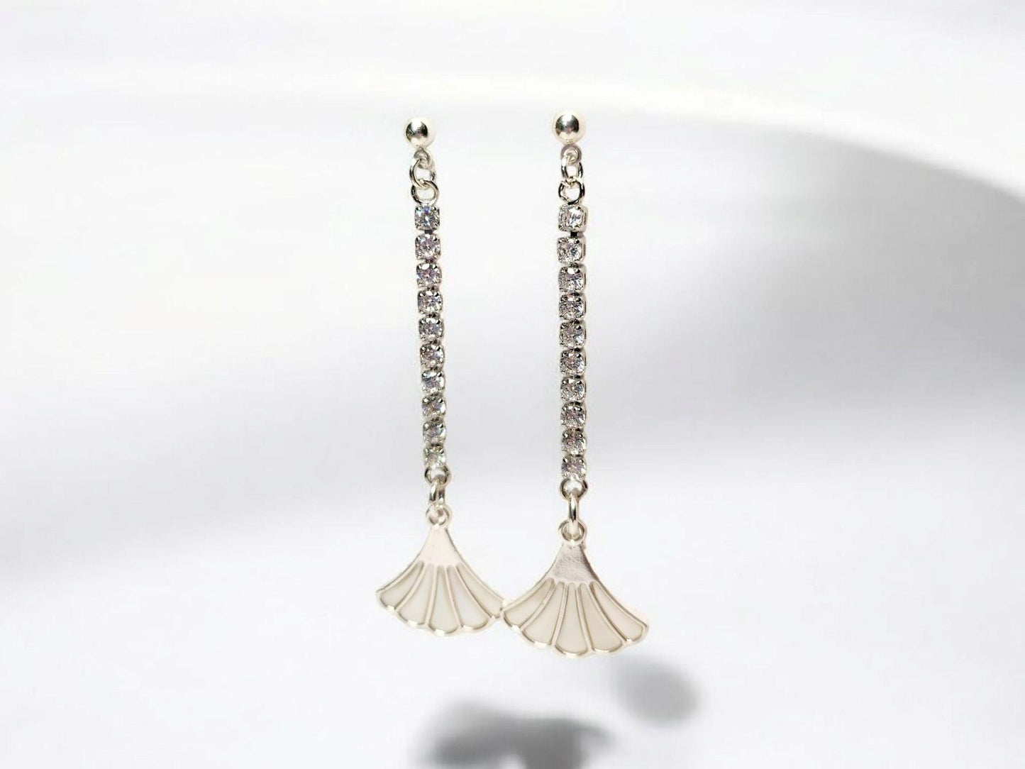 Art Deco Silver and Mother of Pearl Fan Dangle Earrings