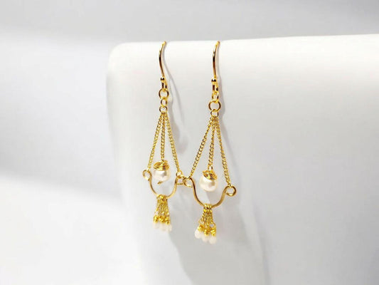 White Freshwater Pearl and Gold Chain Chandelier Earrings