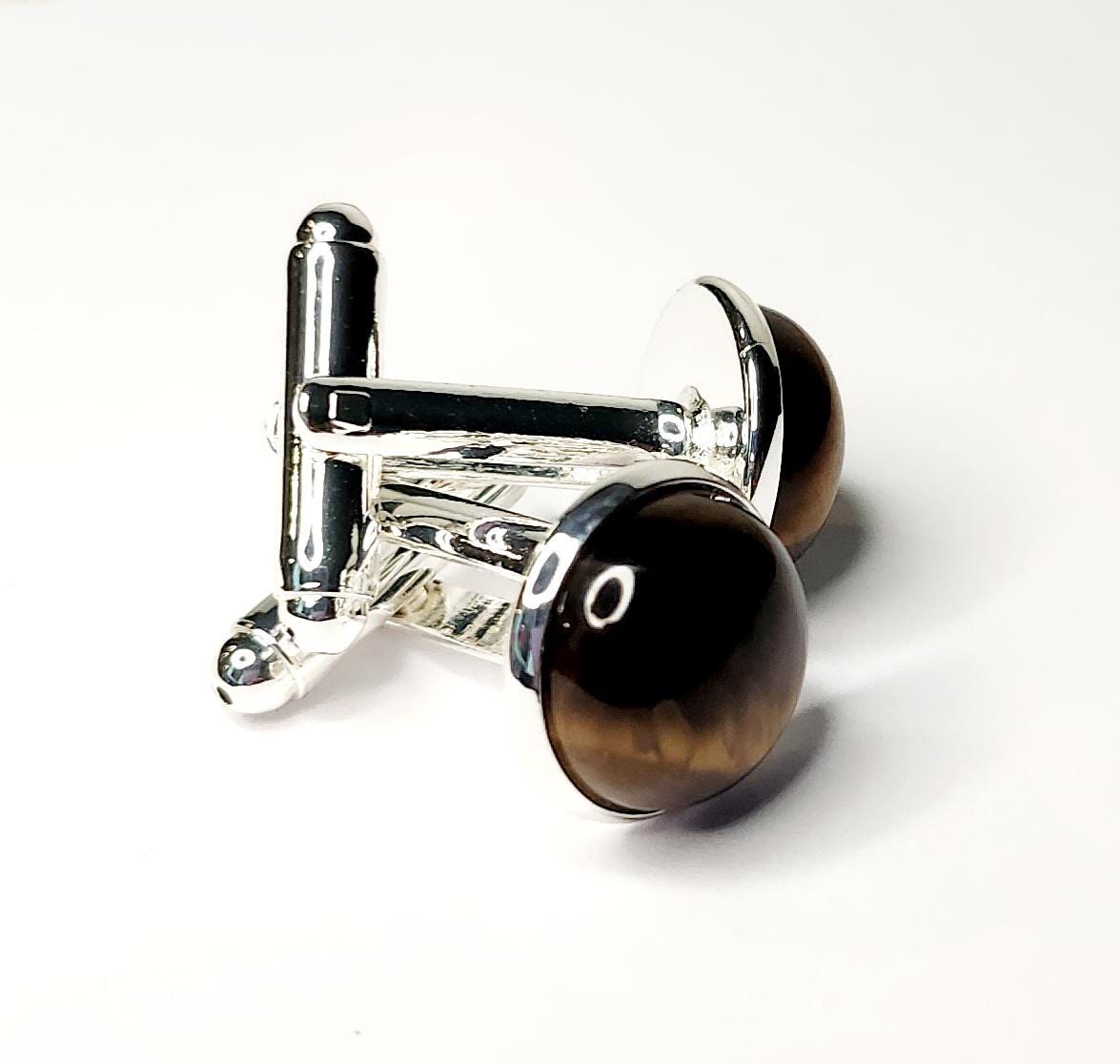 Cuff Links, Tigereye (natural) Gemstone 12mm cab round, set in silver