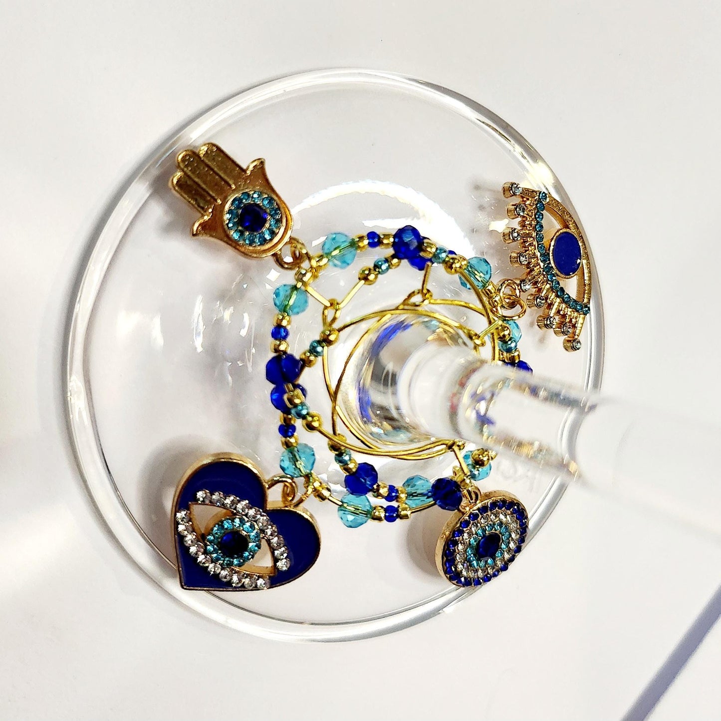 Evil Eye Ward in Blue and Gold Rhinestone Wine Charms