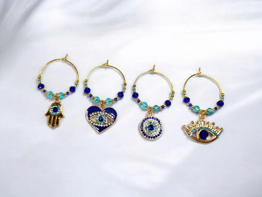 Evil Eye Ward in Blue and Gold Rhinestone Wine Charms