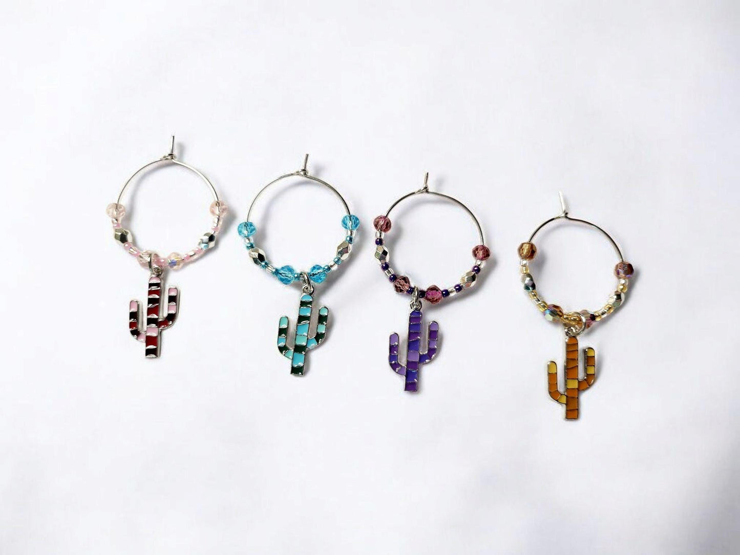 Colorful Enamel Cactus Wine Charms in pink, purple, orange and blue with crystal embelishments