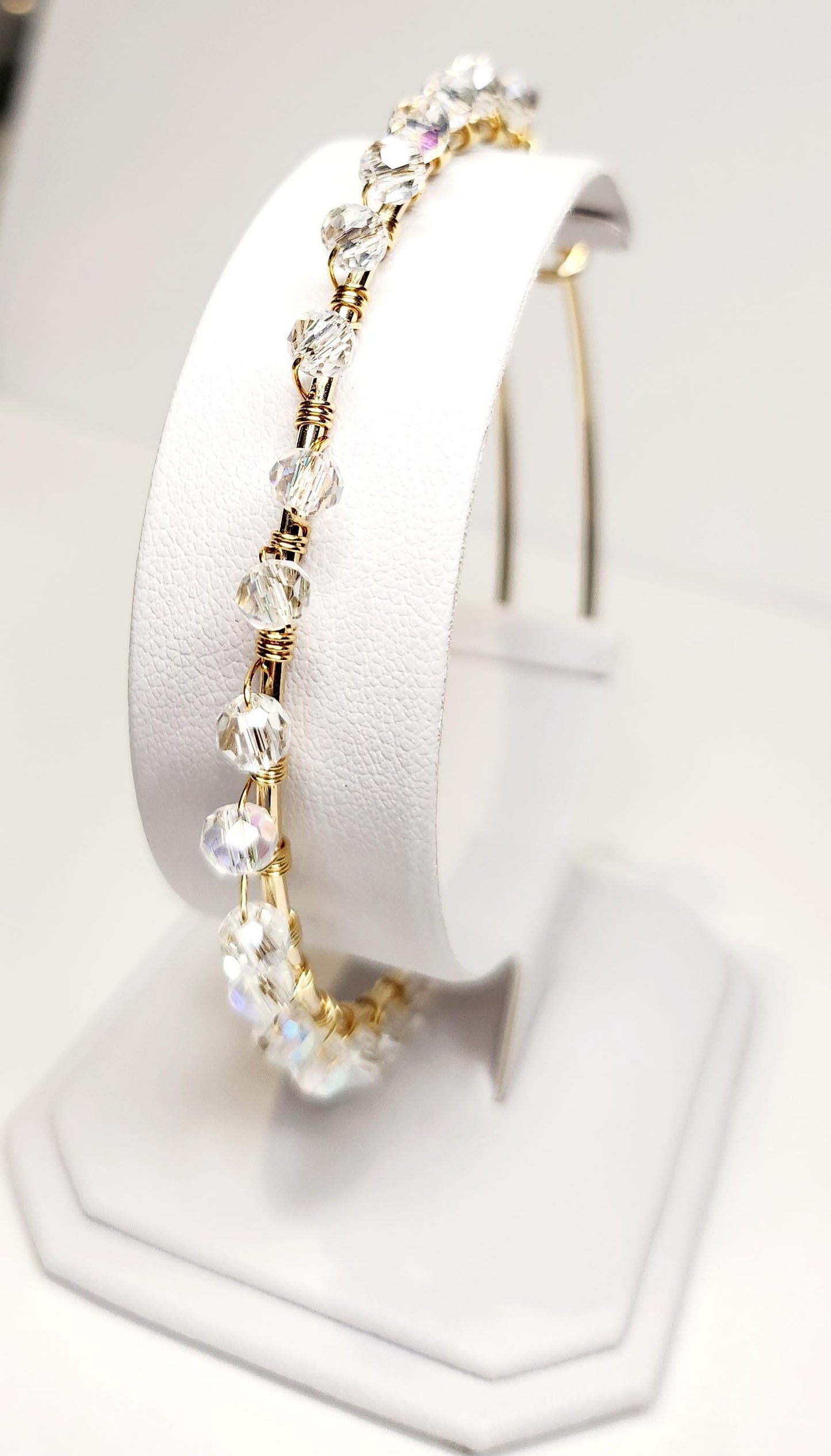 Crystal Beaded Bangle, adjustable gold tone bangle, 2.6inches in width, handcrafted