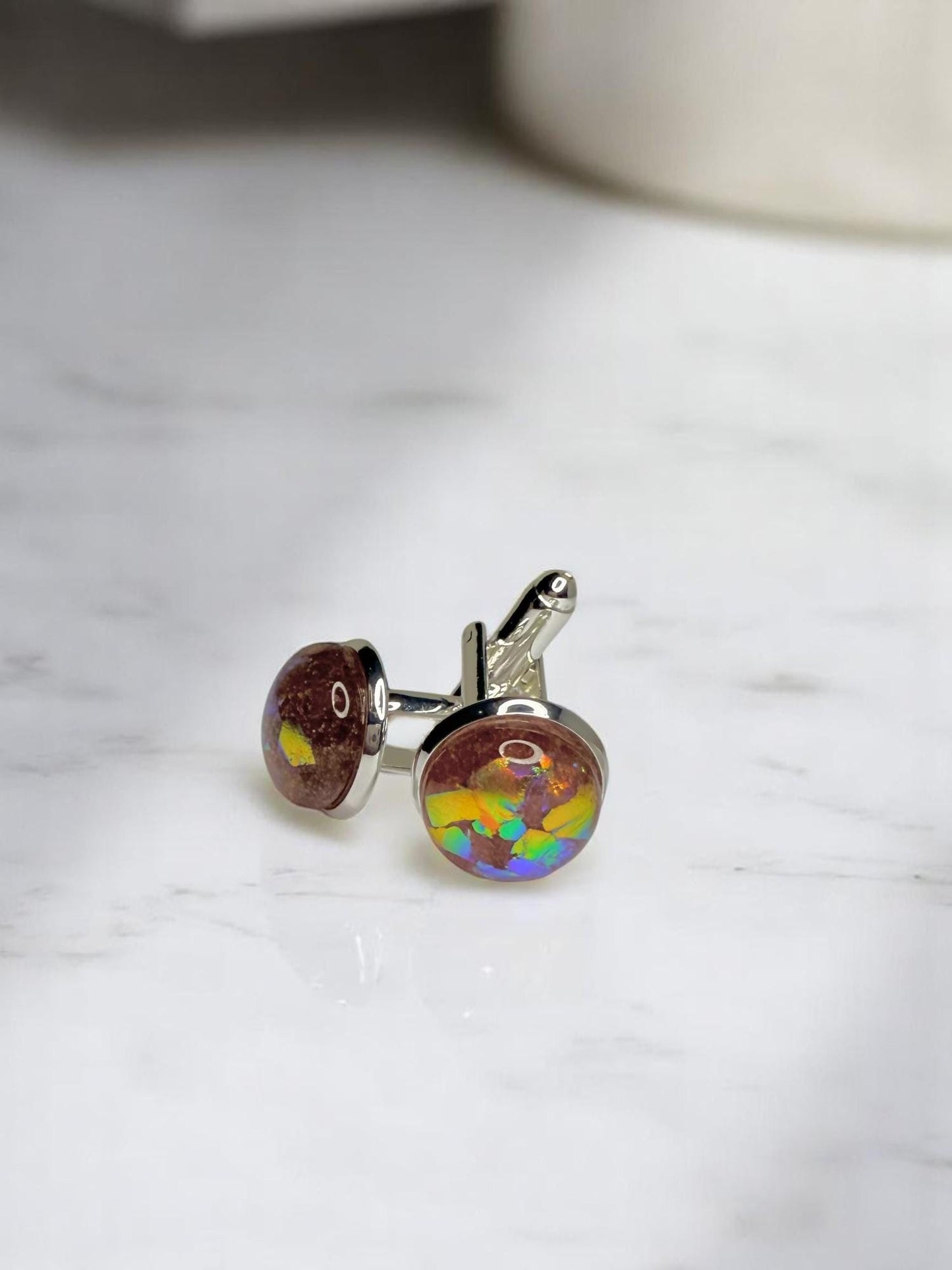 Silver Cuff Links, Pink Dichroic Glass 12mm cabachon