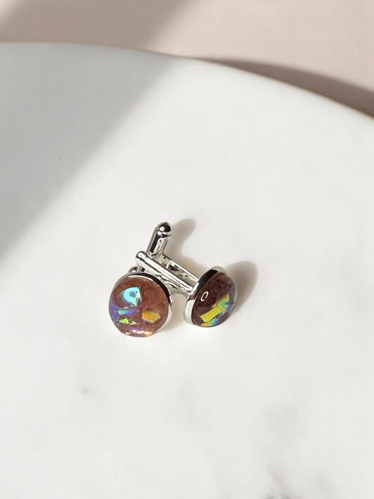Silver Cuff Links, Pink Dichroic Glass 12mm cabachon