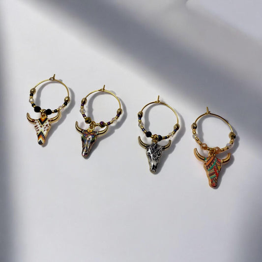 Western Themed Steer Wine Charms with tribal markings and crystal beading embelishments
