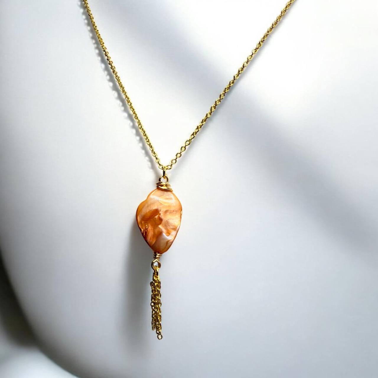 Vibrant Orange Oyster Shell Pendant on Gold curb chain with gold chain tassle, 18 inch length