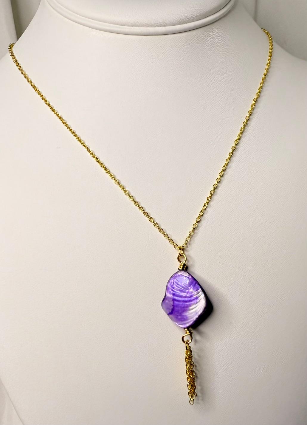 Brilliant Purple Oyster Shell Pendant on Gold curb chain with gold chain tassle, 18 inch length