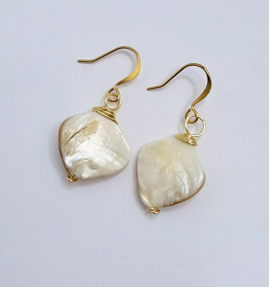 Stunning White and Gold Mother of Oyster Shell Dangle Earrings