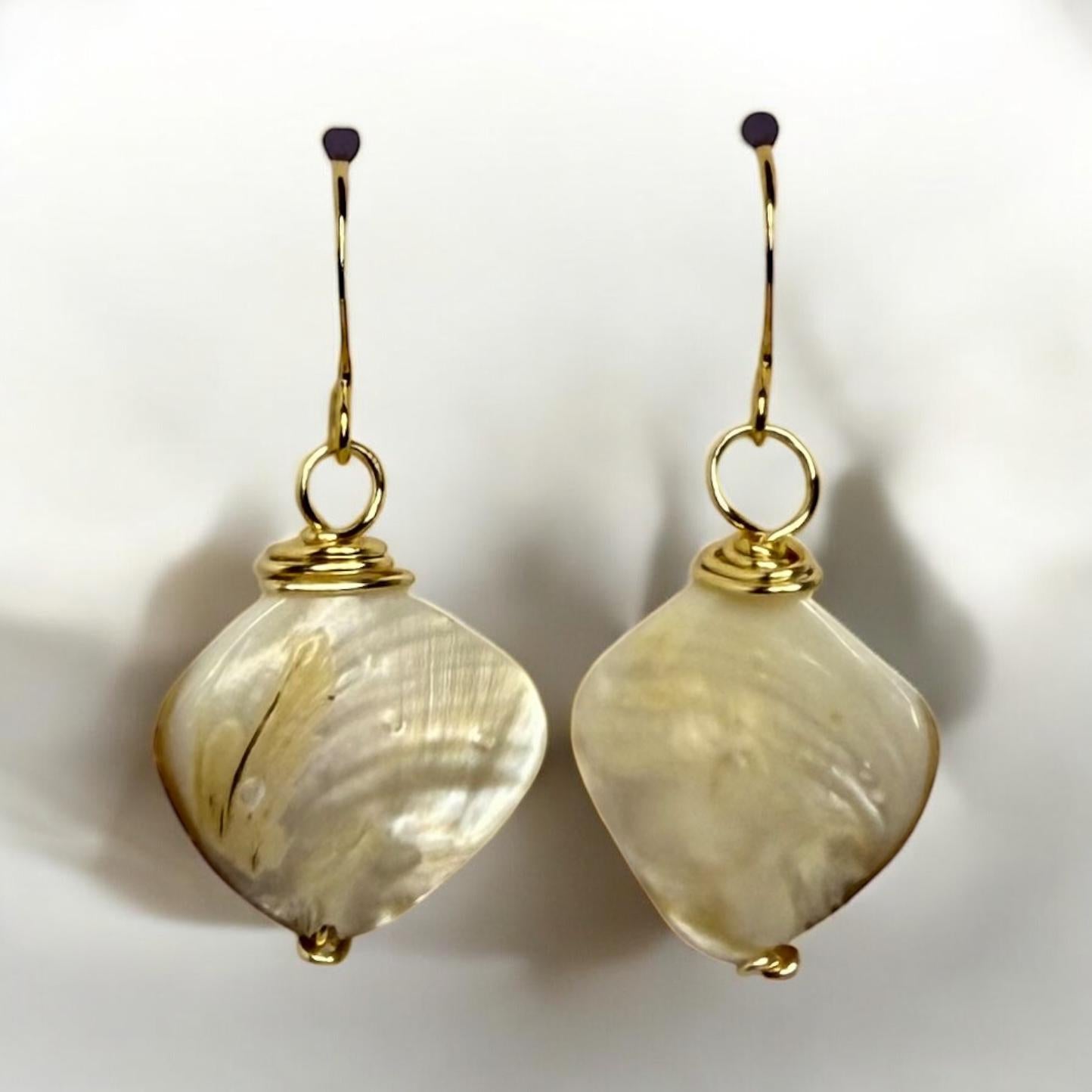 Stunning White and Gold Mother of Oyster Shell Dangle Earrings