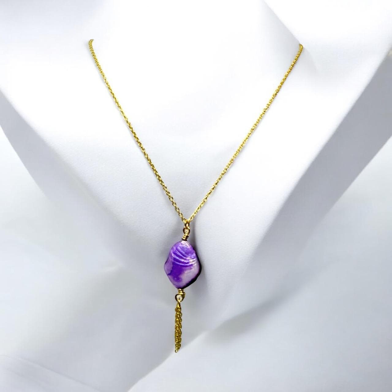 Brilliant Purple Oyster Shell Pendant on Gold curb chain with gold chain tassle, 18 inch length