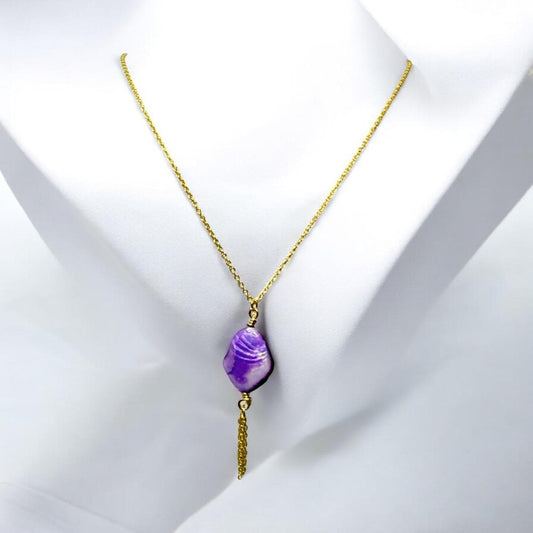 Brilliant Purple Oyster Shell Pendant on Gold curb chain with gold chain tassle, 18 inch length