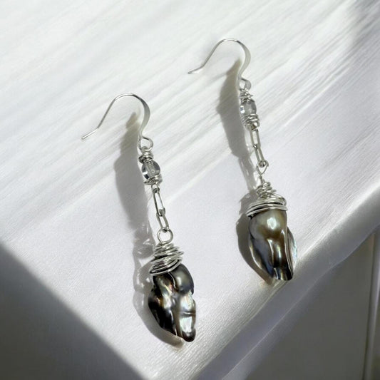 Peacock Baroque Pearl Drop Earrings on silver paperclip chain