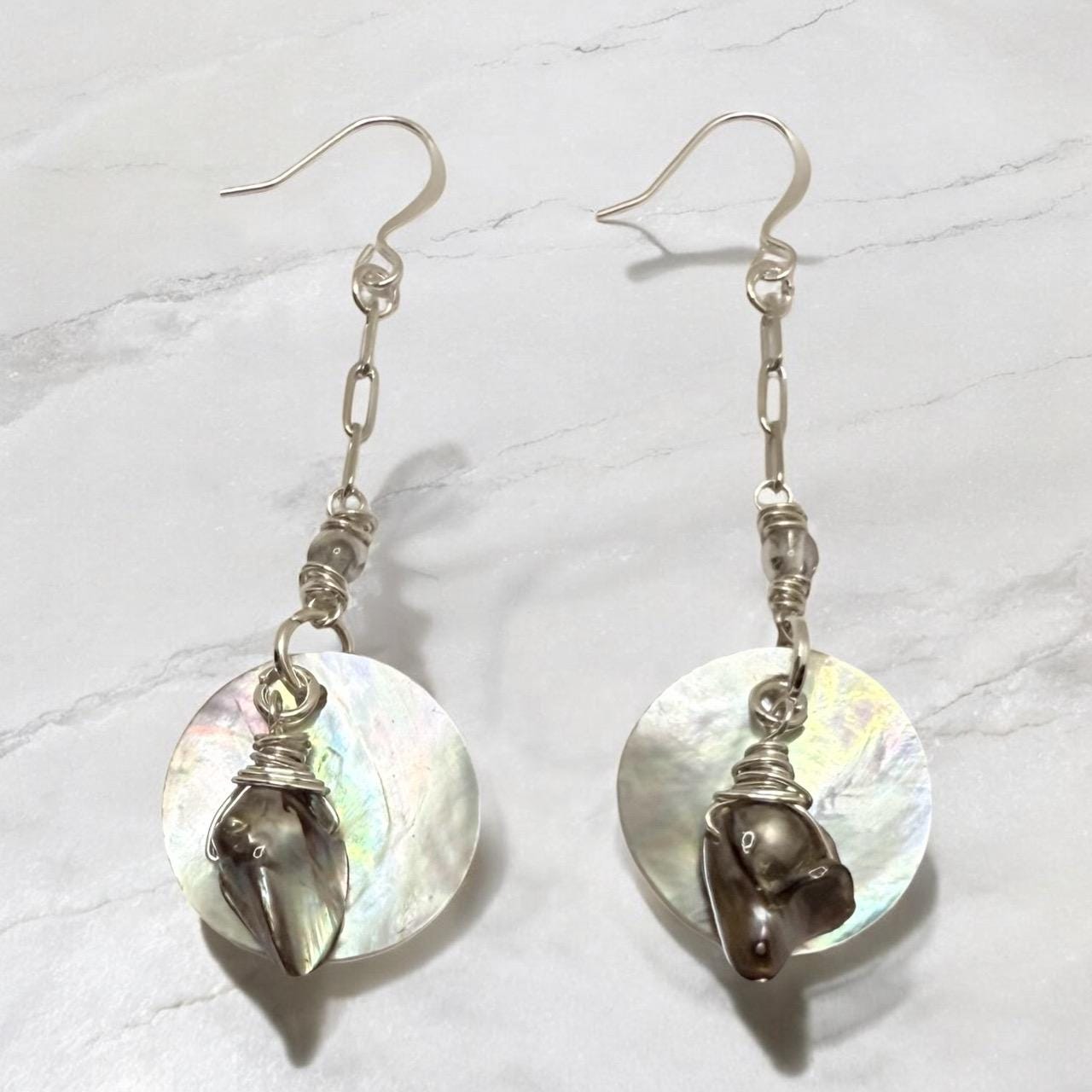 Baroque Peacock Pearl and Mussell Shell Drop Earrings in Silver