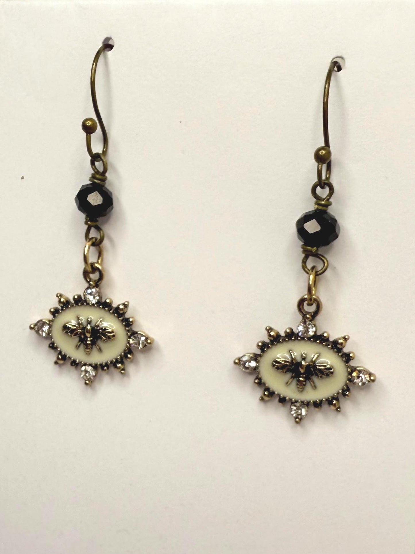 Vintage Style White Enamel oval earrings gold bee and white rhinestones