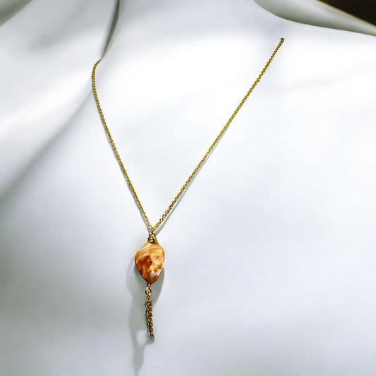 Vibrant Orange Oyster Shell Pendant on Gold curb chain with gold chain tassle, 18 inch length