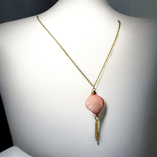 Vibrant Red Oyster Shell Pendant on Gold curb chain with gold chain tassle, 18 inch length