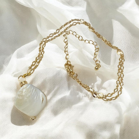 Stunning White Oyster Shell Pendant set on oval gold faceted pendant, 18 inches