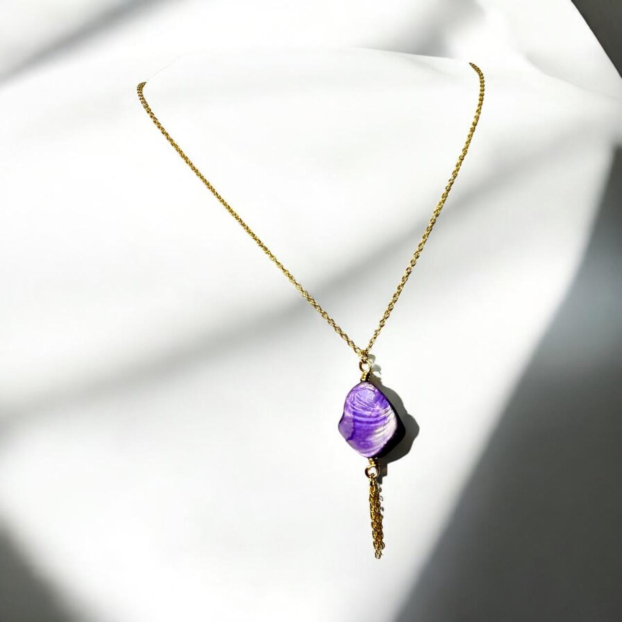 Brilliant Purple Oyster Shell Pendant on Gold curb chain with gold chain tassle, 18 inch length
