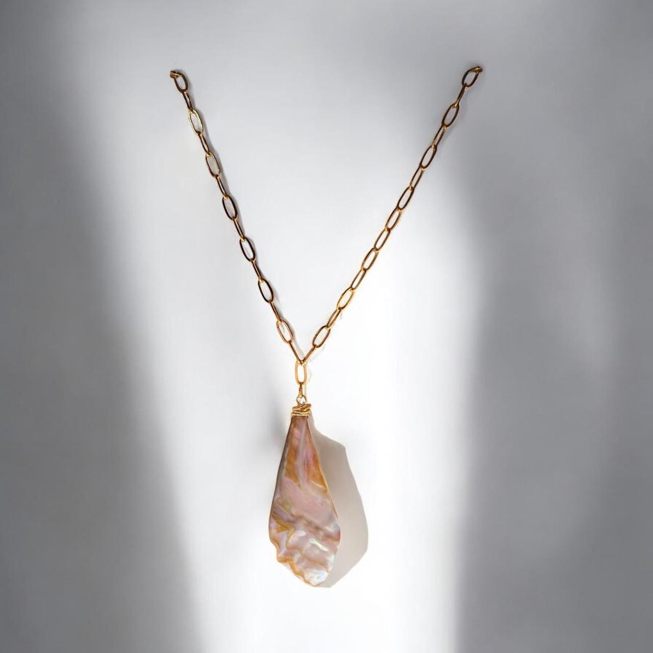 Stunning Mother-of-Pearl Leaf Pendant on gold tone paperclip chain