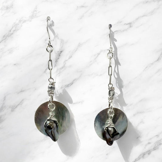 Baroque Peacock Pearl and Mussell Shell Drop Earrings in Silver