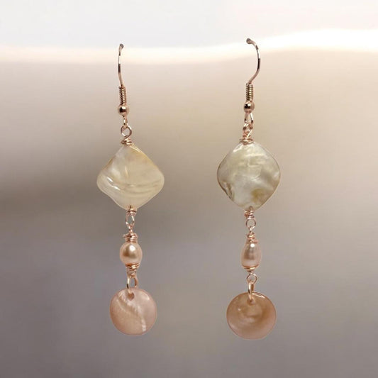 Mother-of-Pearl and Freshwater Pearl Dangle Earrings on Rose Gold findings