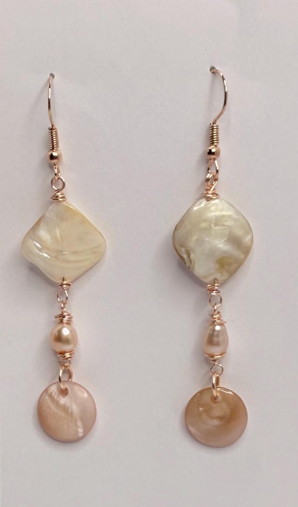 Mother-of-Pearl and Freshwater Pearl Dangle Earrings on Rose Gold findings