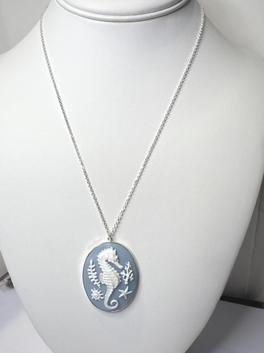Seahorse Lucite Cabochon Pendant Necklace set on Sterling Silver on 18 inch chain