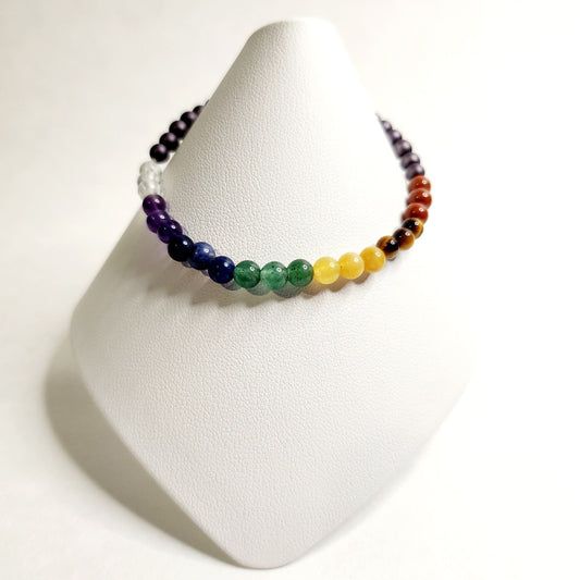 Chakra Bracelet stretchy Crystal Quartz, Amethyst, Sodalite, Green Aventurine, Yellow "Jade", Tigereye, Carnelian and Red Jasper 4mm