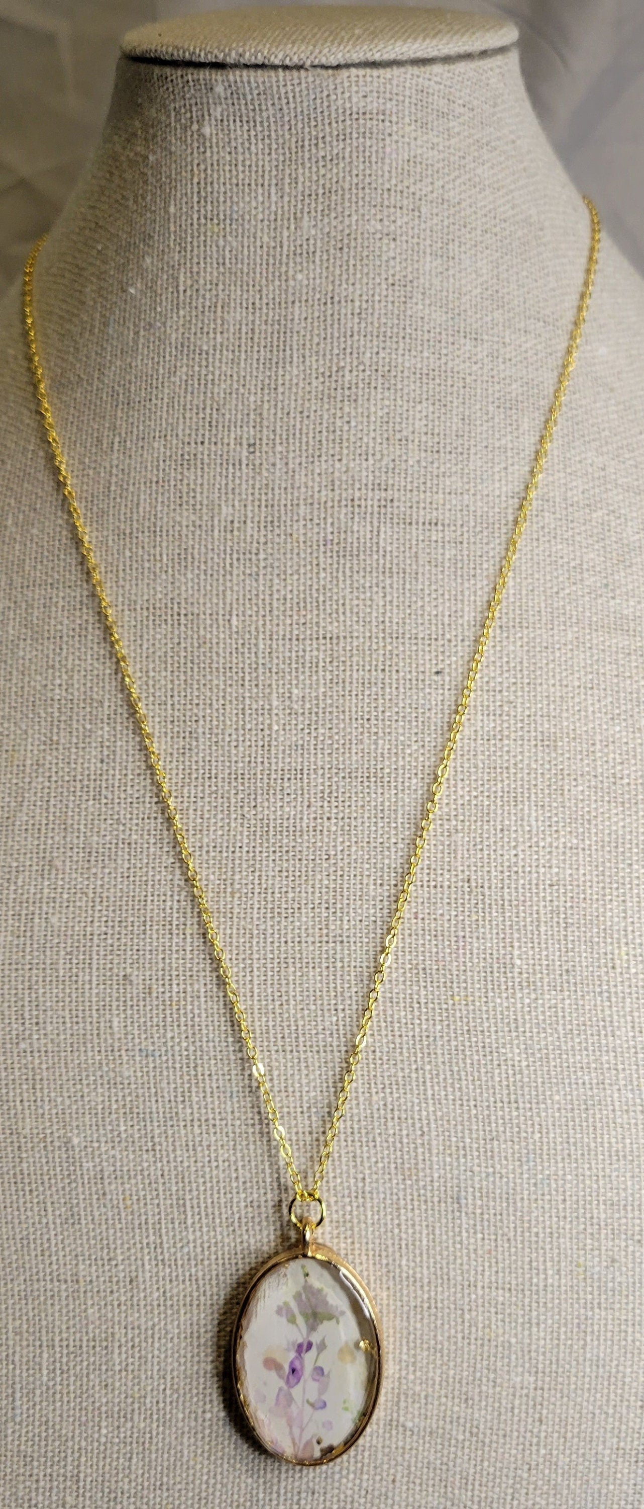 Floral Watercolor Print Golden Oval pendant and gold necklace  - UV Resin on paper
