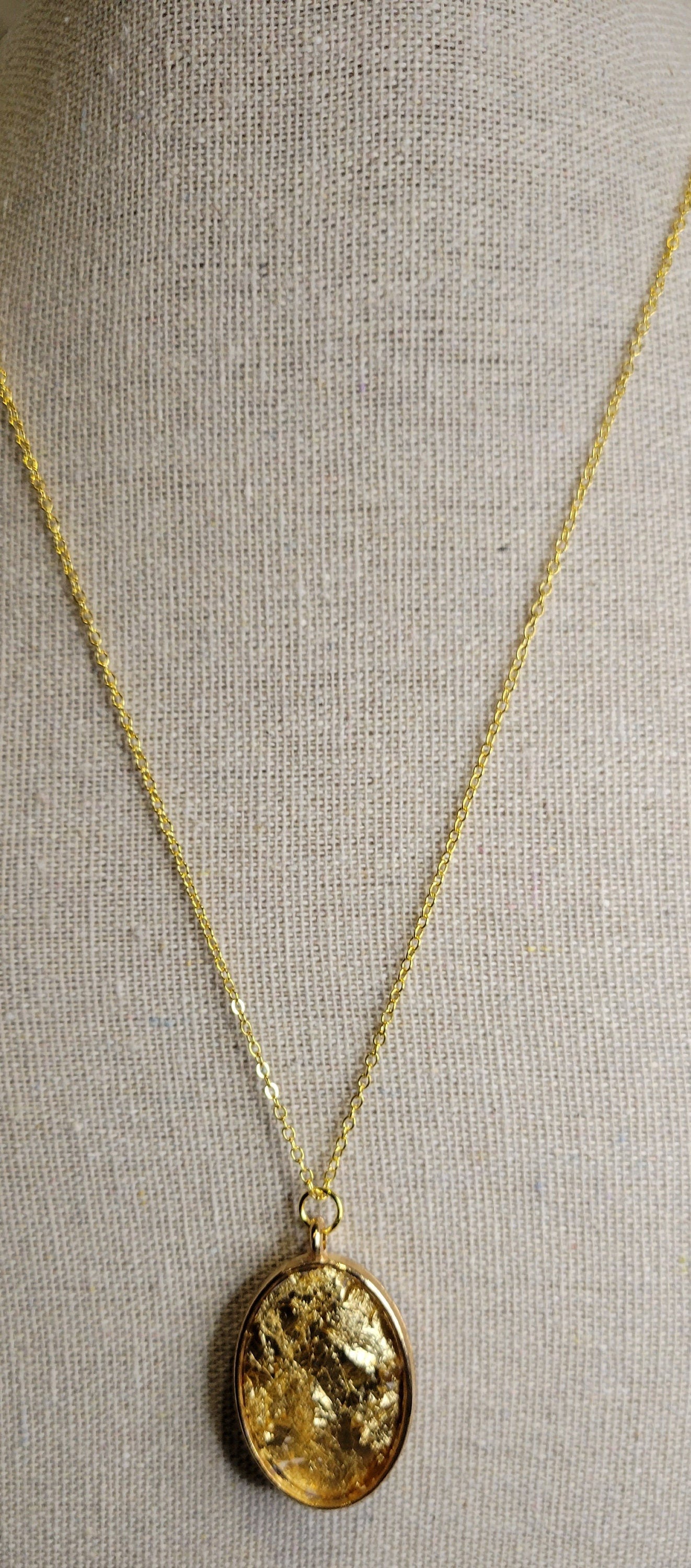 Floral Watercolor Print Golden Oval pendant and gold necklace  - UV Resin on paper