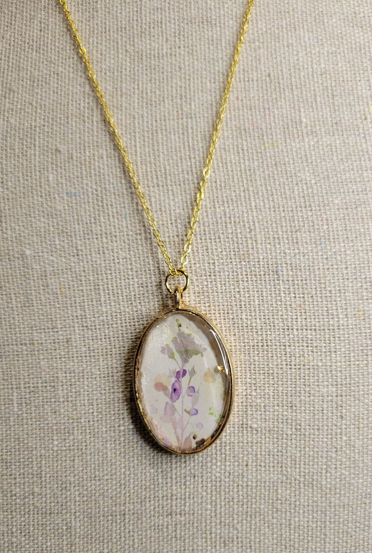 Floral Watercolor Print Golden Oval pendant and gold necklace  - UV Resin on paper