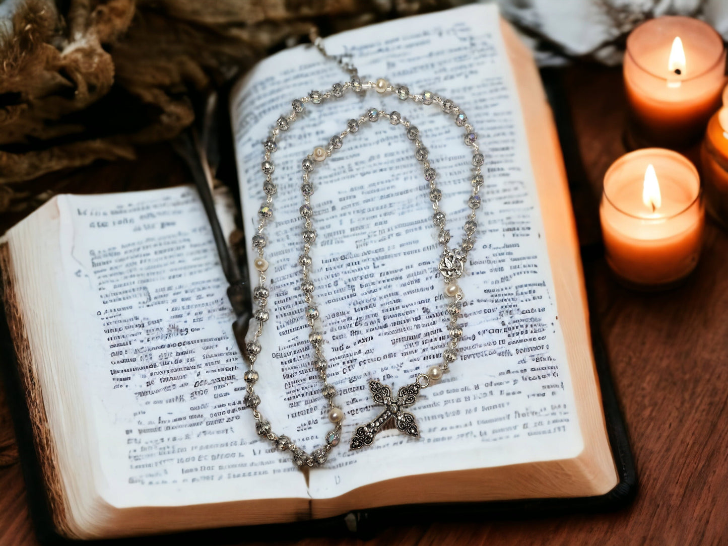 Handmade Cathedral Czech glass beads and natural white pearl, silver rosary
